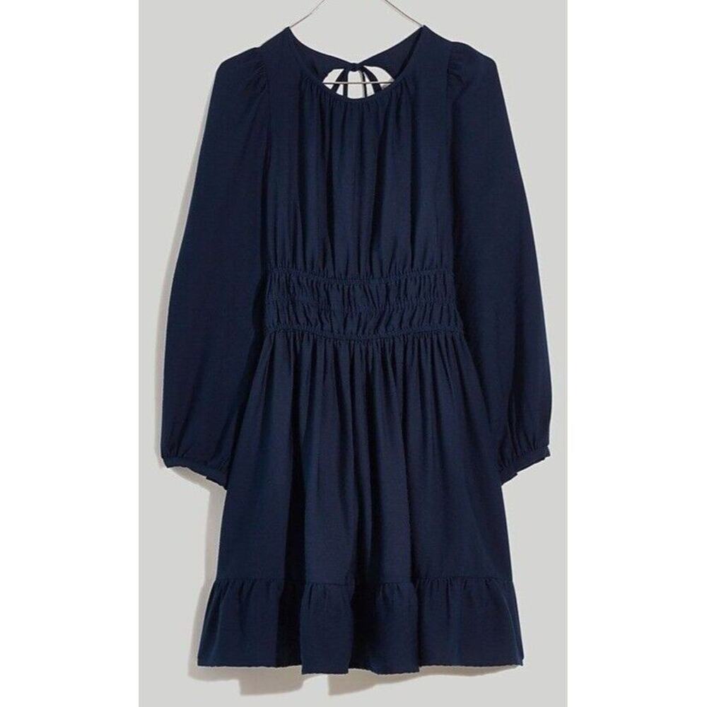 Madewell Sophia Open Back Mini Dress L Blue Fit Flare Shirred Soft Twill Boho - Picture 2 of 14